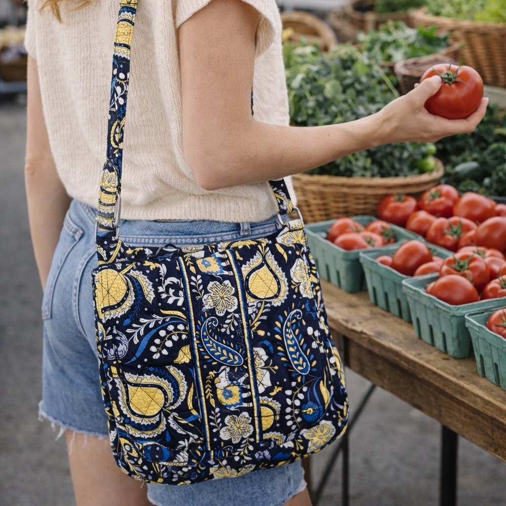 Vera Bradley Blue and Yellow Elephant Print Messenger Bag